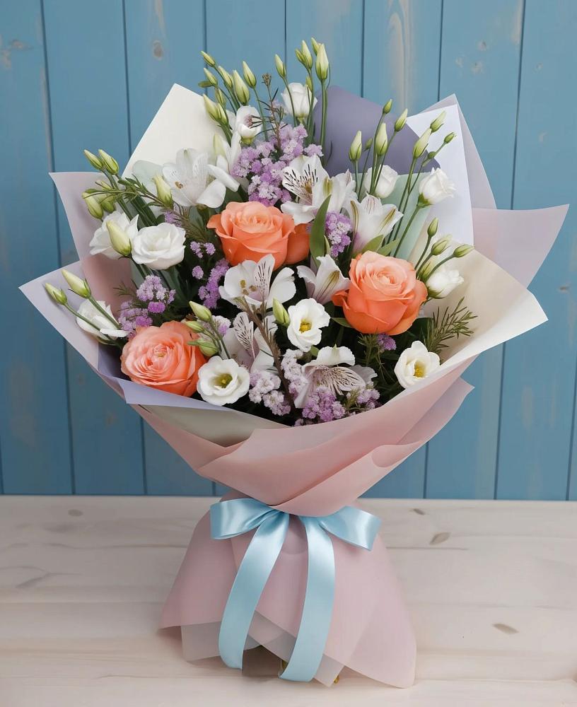 Букет цветов из: Лизиантусы, Розы, Альстромерии и Гипсофила в Таштыпе
