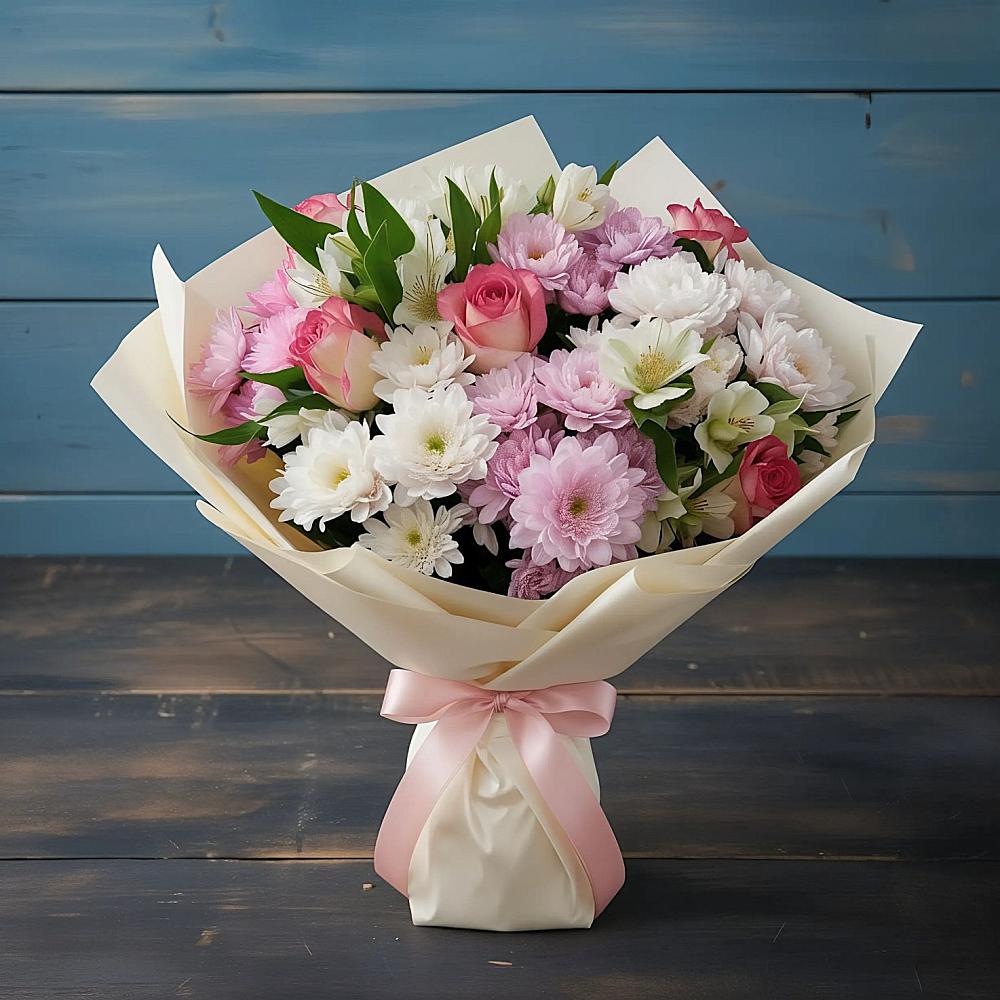 Букет цветов из: Хризантемы, Альстромерии и Розы в Таштыпе